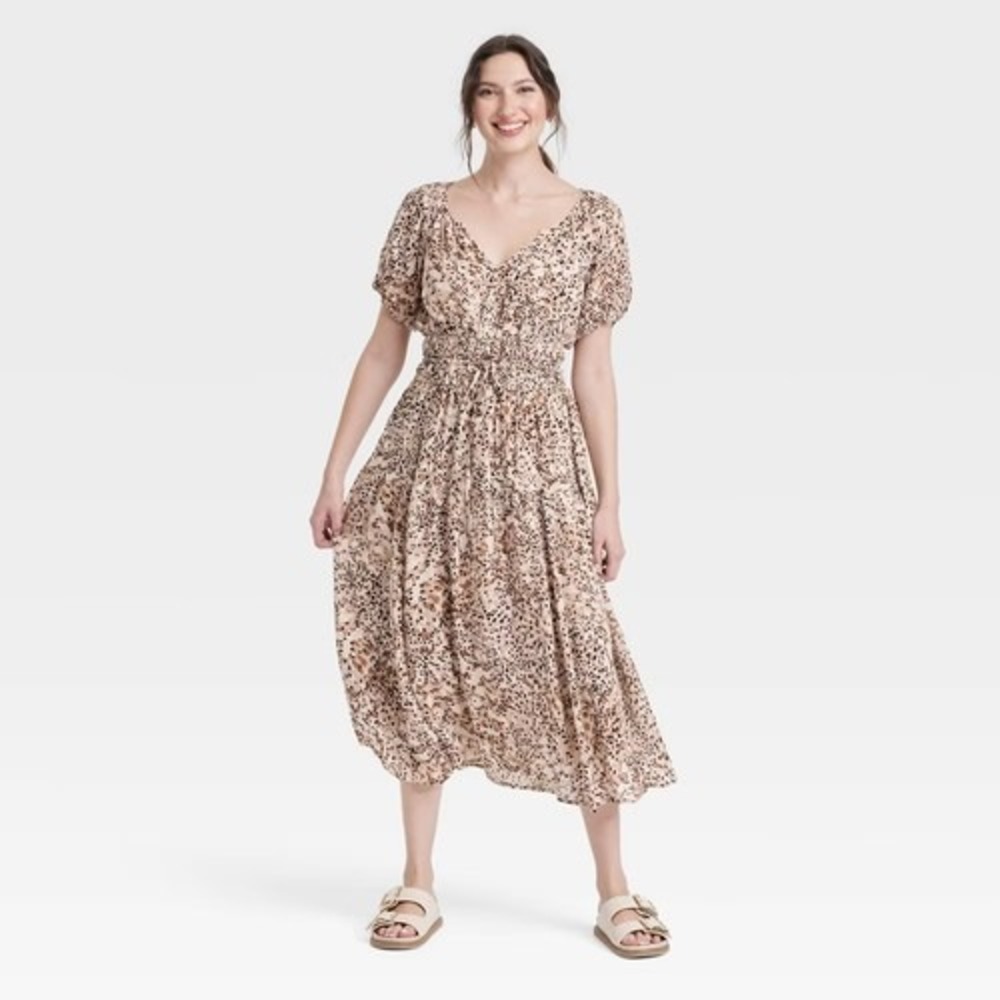 Universal Thread Leopard‎ Print Smocked Midi Dress Size M Boho Animal Print